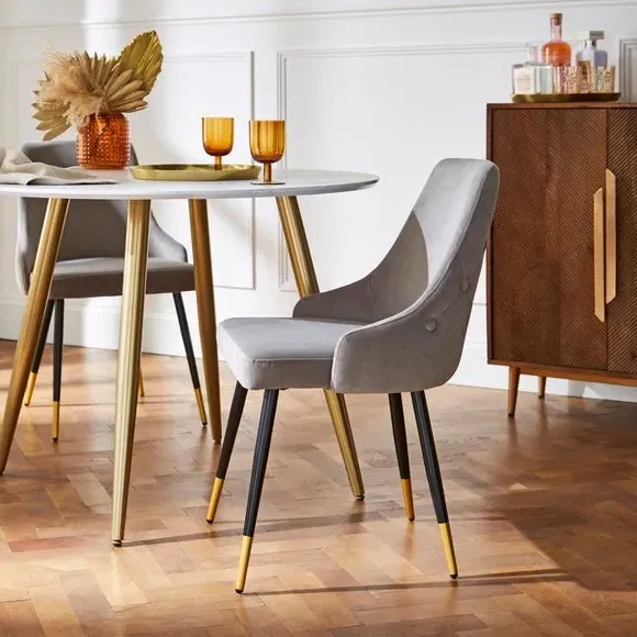 Set of 2 Dining Chairs - Grey, Velvet