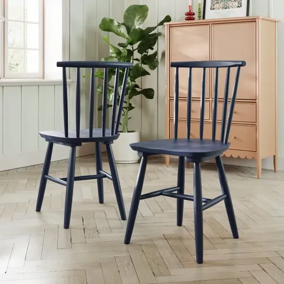 Set of 2 Dining Chairs - Navy, Beech Wood