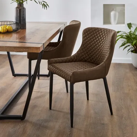 Set of 2 Dining Chairs with Arms - Brown, Faux Leather