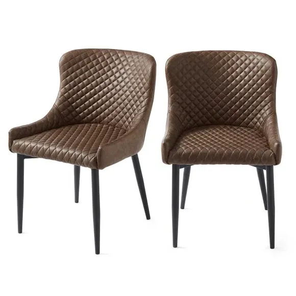 Set of 2 Dining Chairs with Arms - Brown, Faux Leather