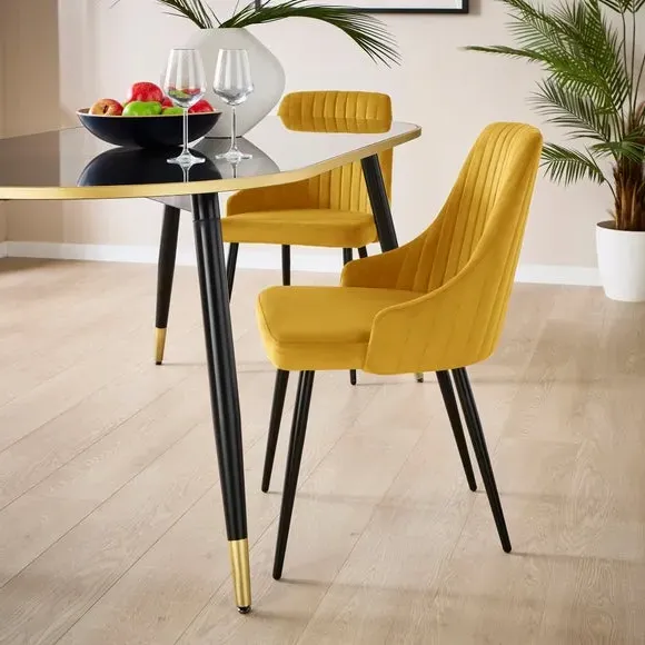 Set of 2 Dining Chairs with Arms - Gold, Velvet