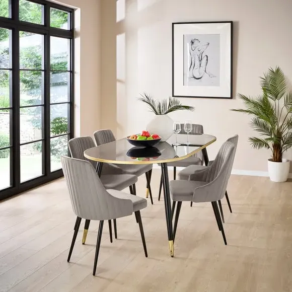 Set of 2 Dining Chairs with Arms - Grey, Velvet