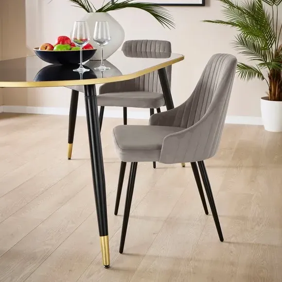 Set of 2 Dining Chairs with Arms - Grey, Velvet