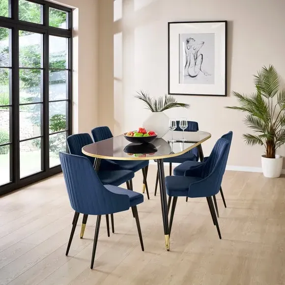 Set of 2 Dining Chairs with Arms - Navy, Velvet