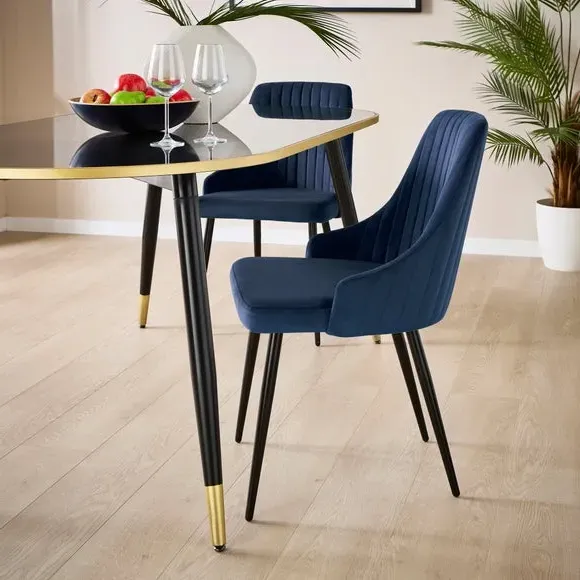 Set of 2 Dining Chairs with Arms - Navy, Velvet