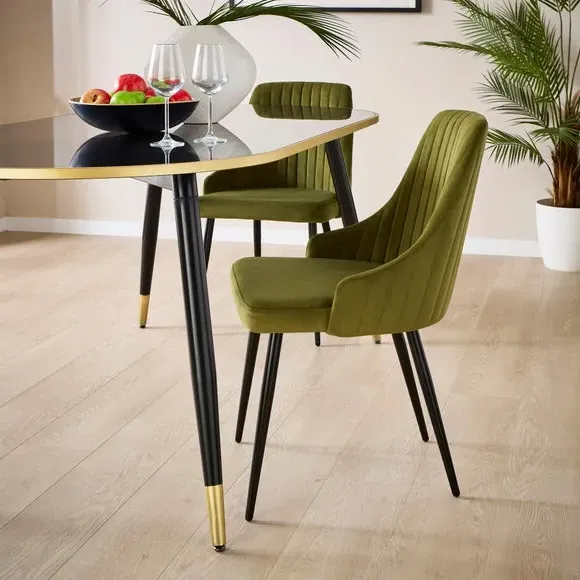 Set of 2 Dining Chairs with Arms - Olive, Velvet
