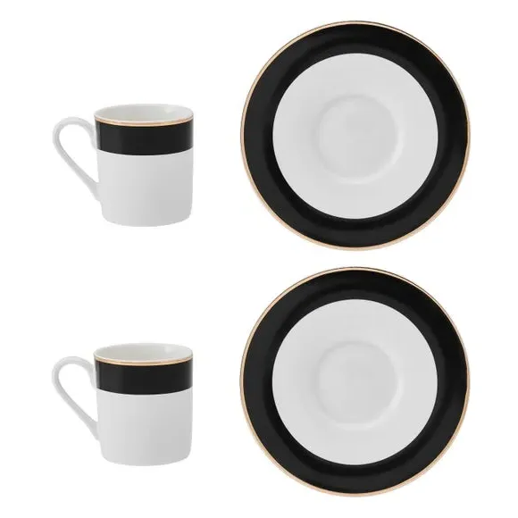 Set of 2 Espresso Cups with Saucers - Black, China
