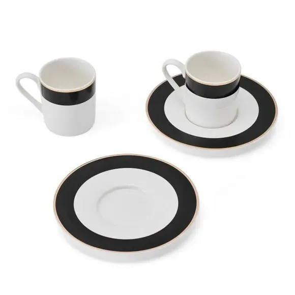 Set of 2 Espresso Cups with Saucers - Black, China