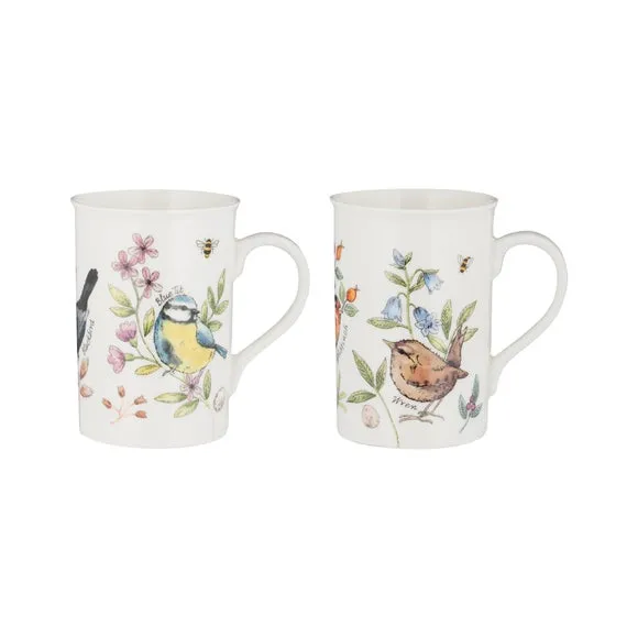 Set of 2 Garden Birds Mugs - White, Fine China