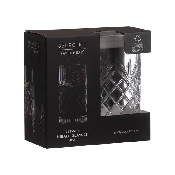 Set of 2 Highball Glasses - Clear, Cut Glass