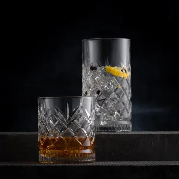 Set of 2 Highball Glasses - Clear, Cut Glass
