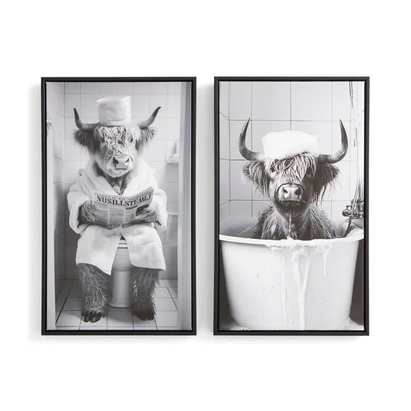Set of 2 Highland Cow Framed Canvas - Black/White