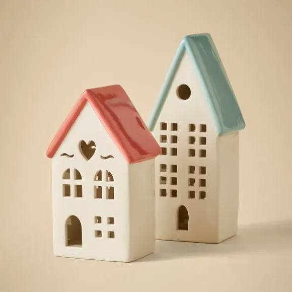 Set of 2 Light Up Houses - Multicolor, Ceramic