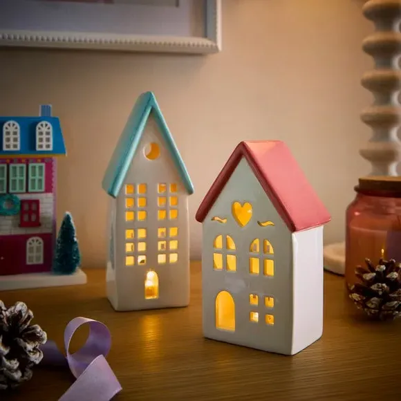 Set of 2 Light Up Houses - Multicolor, Ceramic image
