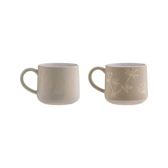 Set of 2 Mugs Botanical Design - Grey, Stoneware