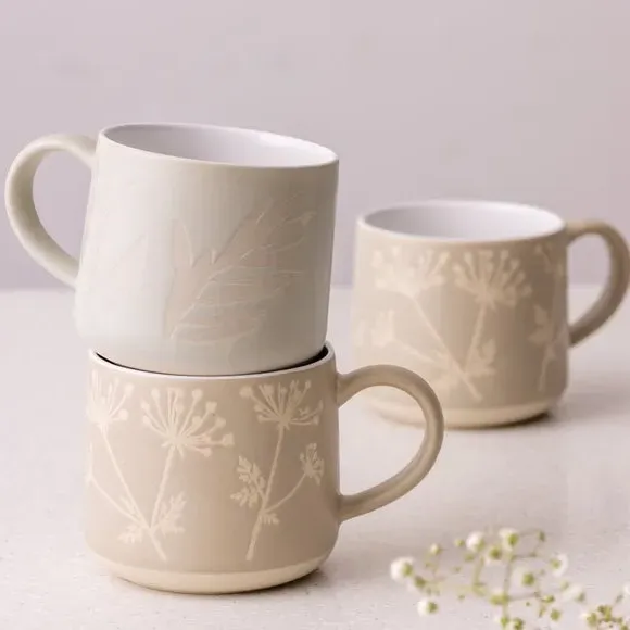 Set of 2 Mugs Botanical Design - Grey, Stoneware image