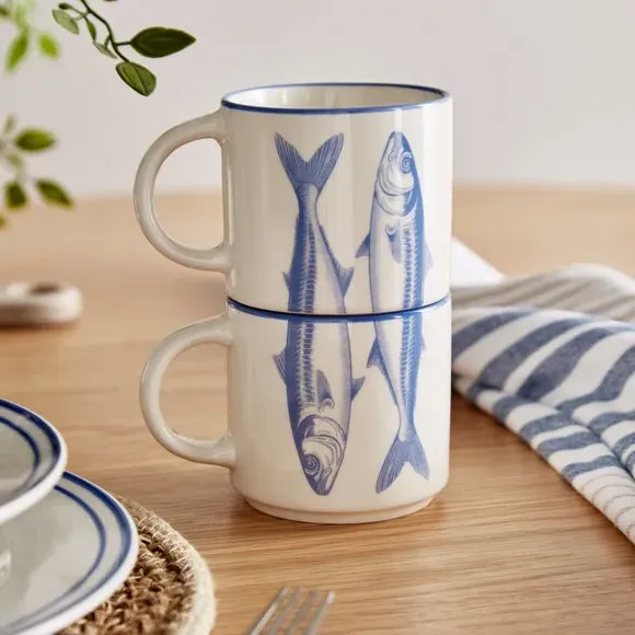 Set of 2 Mugs with Fish Design - Blue, Porcelain image