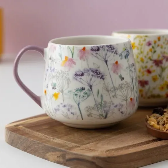 Set of 2 Mugs with Floral Design - White, China