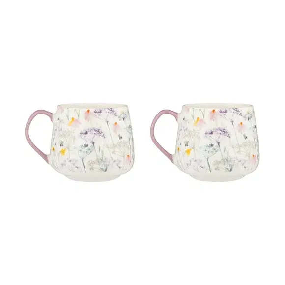 Set of 2 Mugs with Floral Design - White, China