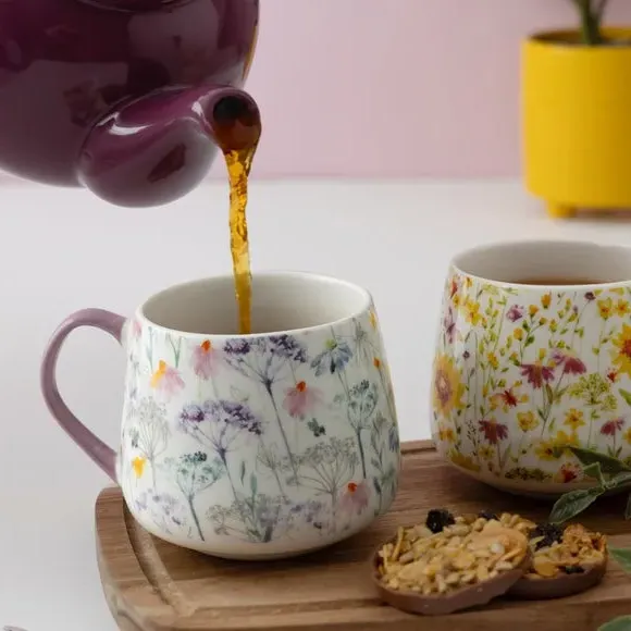 Set of 2 Mugs with Floral Design - White, China