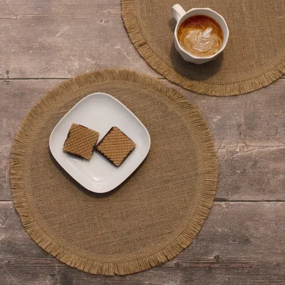 Set of 2 Round Placemats with Tassel - Brown, Hessian image