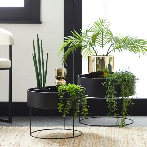 Set of 2 Round Plant Stands - Black, Metal image