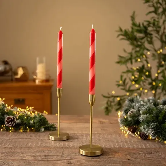 Set of 2 Taper Candles Striped - Pink, Wax