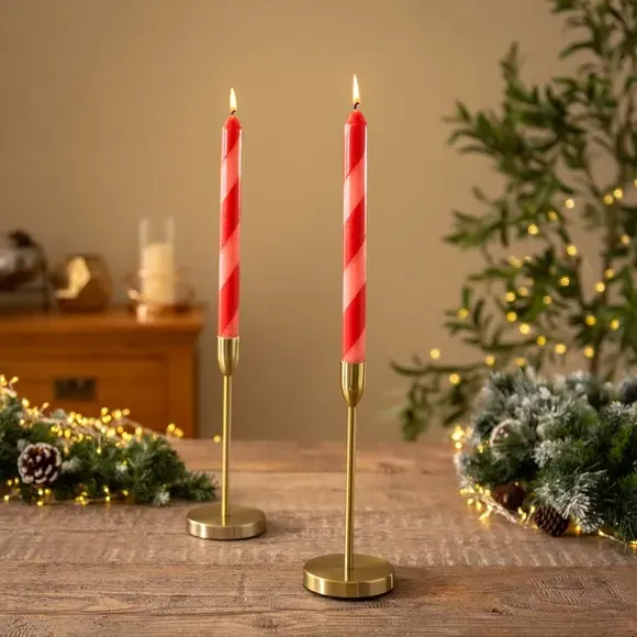 Set of 2 Taper Candles Striped - Pink, Wax image