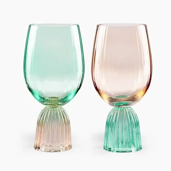 Set of 2 Wine Goblets - Apricot & Green, Glass