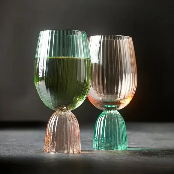 Set of 2 Wine Goblets - Apricot & Green, Glass