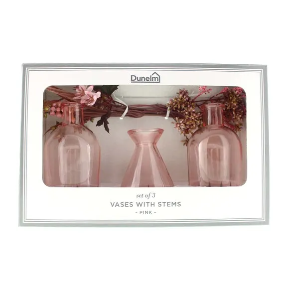 Set of 3 Artificial Stems in Vases - Pink, Glass