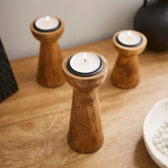 Set of 3 Candle Holders - Natural, Mango Wood