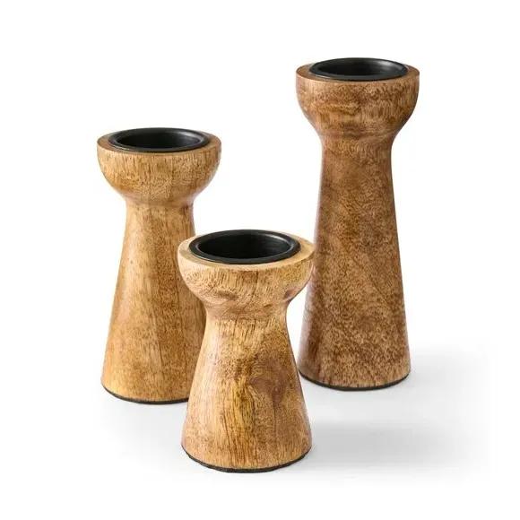 Set of 3 Candle Holders - Natural, Mango Wood