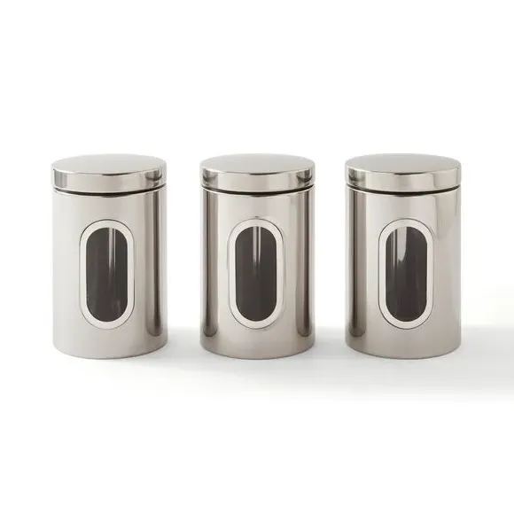 Set of 3 Kitchen Canisters - Silver, Metal