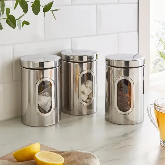 Set of 3 Kitchen Canisters - Silver, Metal