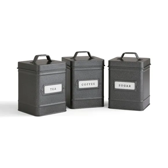 Set of 3 Kitchen Canisters with Labels - Grey, Steel