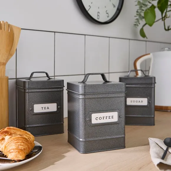 Set of 3 Kitchen Canisters with Labels - Grey, Steel