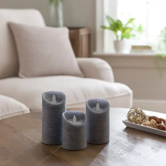 Set of 3 LED Pillar Candles - Grey, Wax
