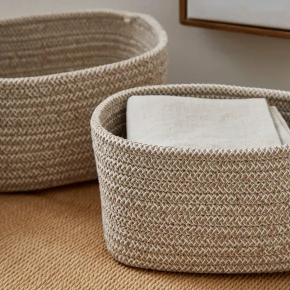 Set of 3 Storage Baskets - Natural, Woven Fabric