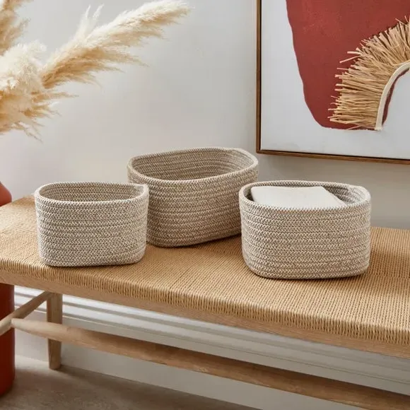 Set of 3 Storage Baskets - Natural, Woven Fabric image