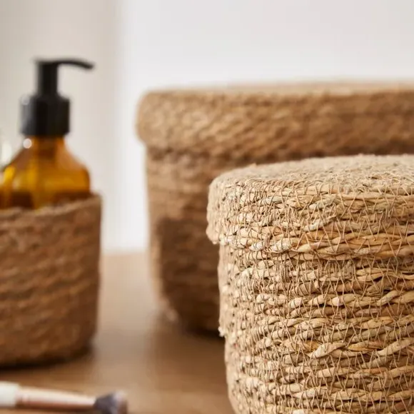 Set of 3 Storage Boxes with Lids - Natural, Seagrass