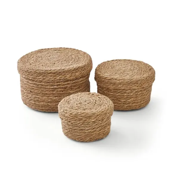 Set of 3 Storage Boxes with Lids - Natural, Seagrass