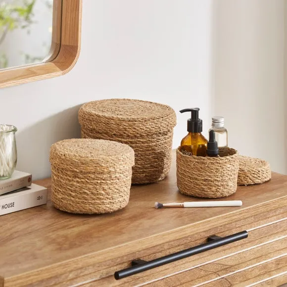 Set of 3 Storage Boxes with Lids - Natural, Seagrass