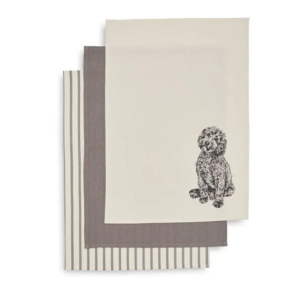 Set of 3 Tea Towels Cockapoo Design - Natural