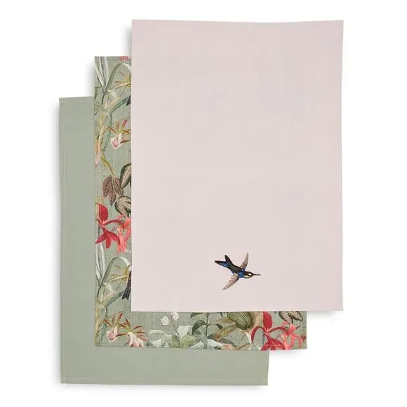 Set of 3 Tea Towels with Bird Print - Green, Cotton