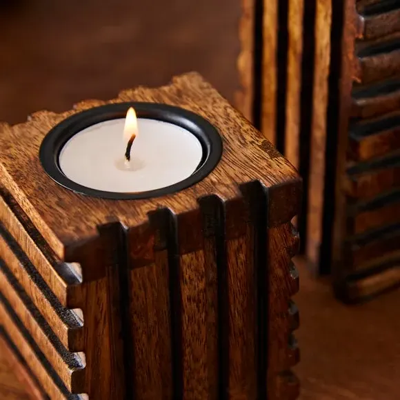 Set of 3 Tealight Holders - Brown, Mango Wood