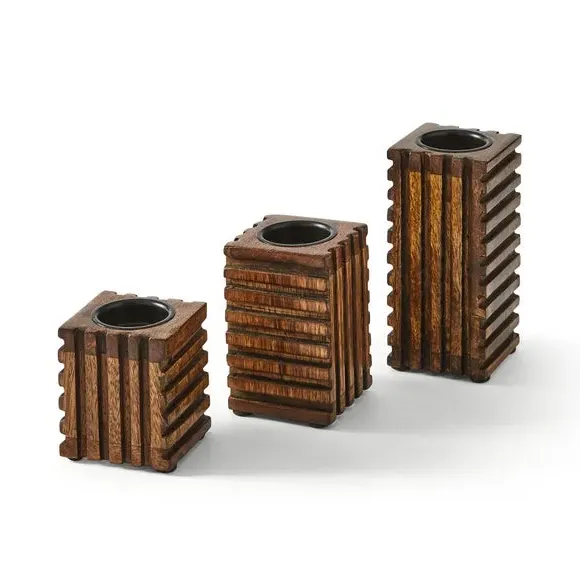 Set of 3 Tealight Holders - Brown, Mango Wood