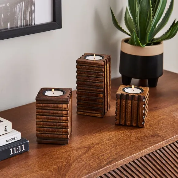 Set of 3 Tealight Holders - Brown, Mango Wood image