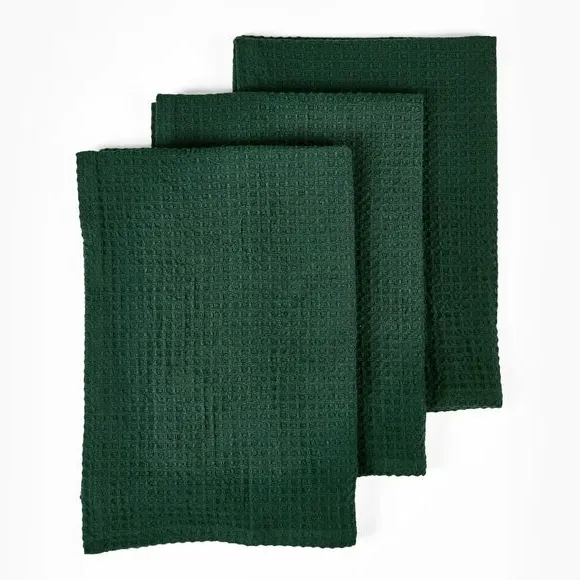 Set of 3 Waffle Tea Towels - Green, Cotton