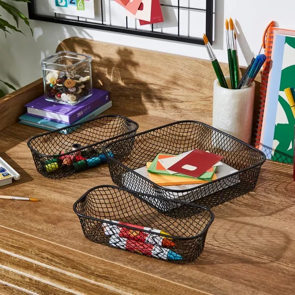 Set of 3 Wire Storage Baskets - Black, Metal